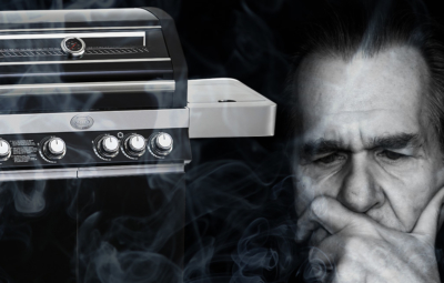 Bildcollage mit einem nachdenkenden Herren und einem Gasgrill