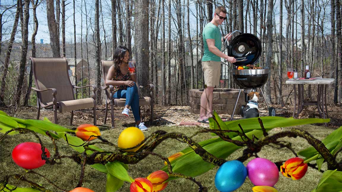 Ambientebild grillen im Frühling, österlich verziert