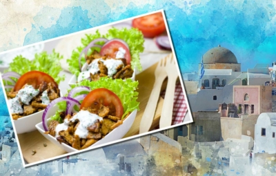 Aquarell einer griechischen Kleinstadt mit einer, mit einem Gyrosgericht versehenen Postkarte