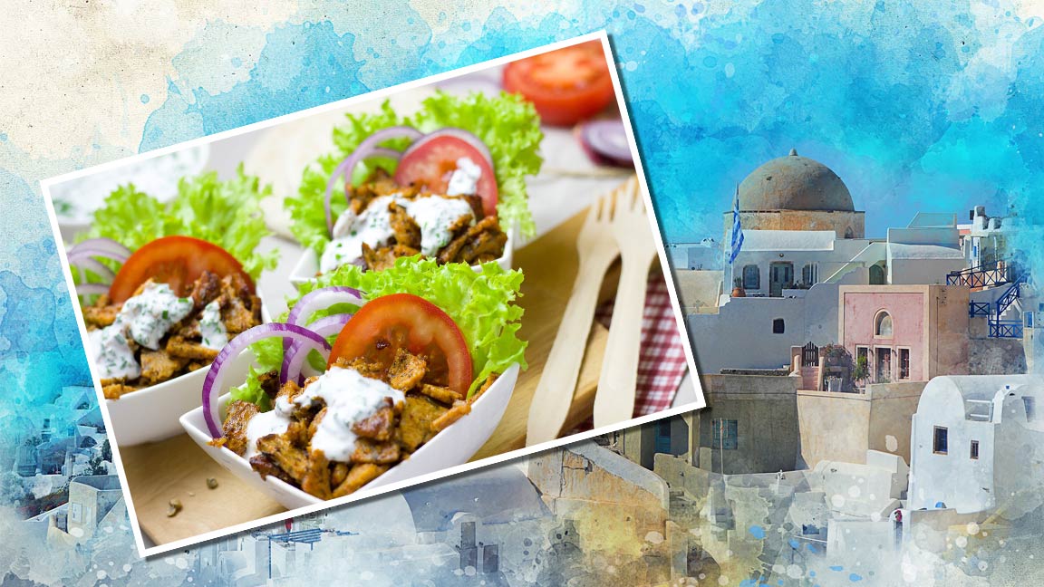 Aquarell einer griechischen Kleinstadt mit einer, mit einem Gyrosgericht versehenen Postkarte