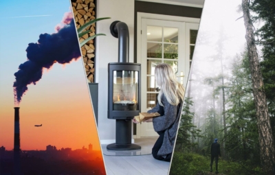 befeuerter Holzofen zwischen Smog City und Wald im Nebel