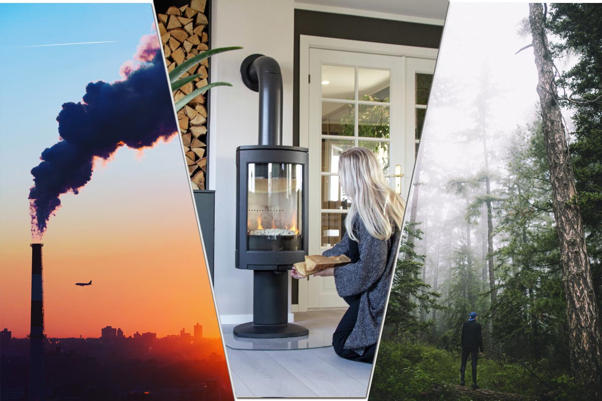 befeuerter Holzofen zwischen Smog City und Wald im Nebel