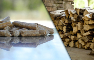 Holzscheite und Pellets
