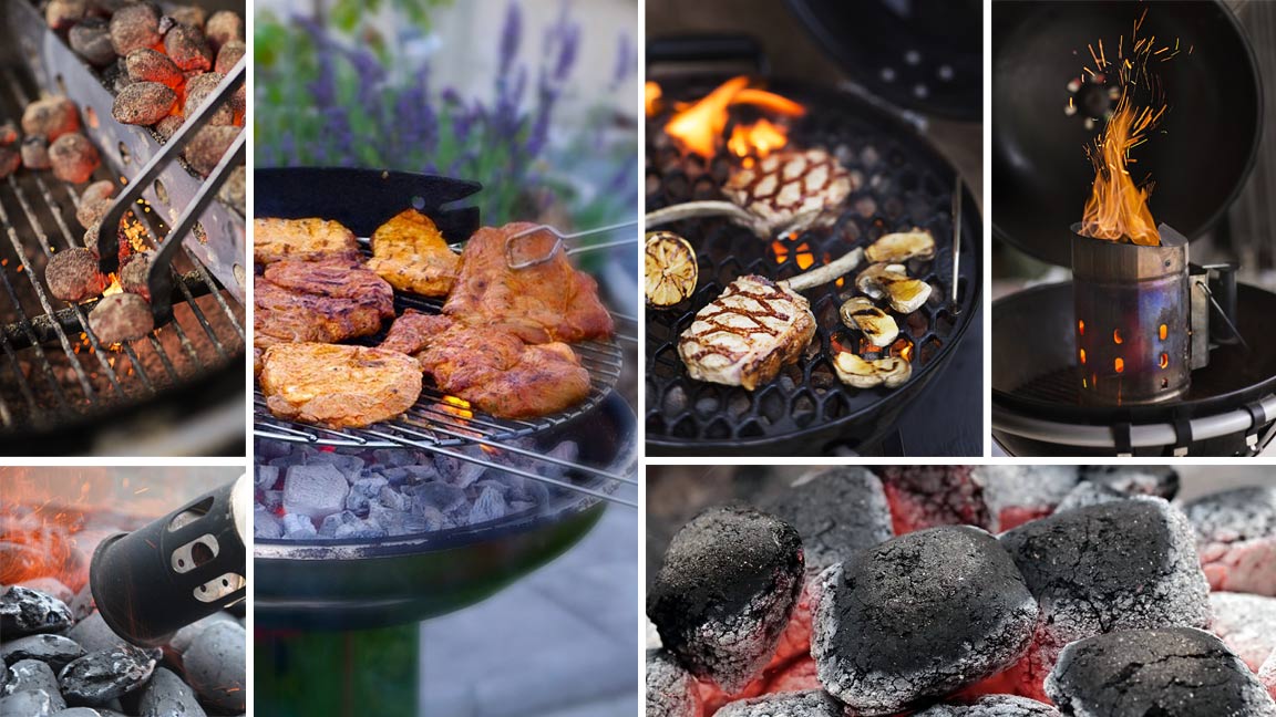Collage mit verschiedenen Möglichkeiten Holzkohle anzuzünden
