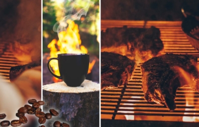 Collage grillende Steaks und Kaffeetasse vor Lagerfeuer
