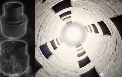 Bild mit Blick in den Schornstein und 2 Ofenrohrmodifizierungsobjekte