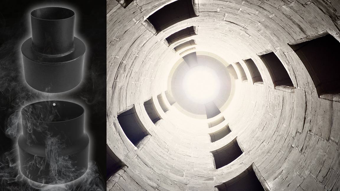 Bild mit Blick in den Schornstein und 2 Ofenrohrmodifizierungsobjekte