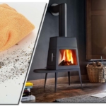 Collage mit einem Mikrofasertuch und einem Ambientebild des Kaminofens Shaker von Skantherm