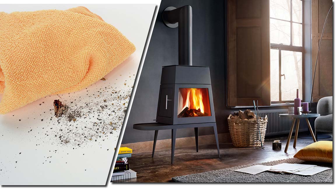 Collage mit einem Mikrofasertuch und einem Ambientebild des Kaminofens Shaker von Skantherm