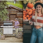 Grillen in den Bergen und Mädchen spielend mit Kürbis