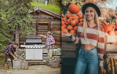 Grillen in den Bergen und Mädchen spielend mit Kürbis