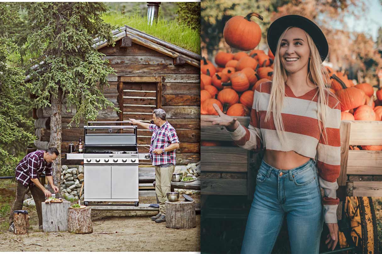 Grillen in den Bergen und Mädchen spielend mit Kürbis