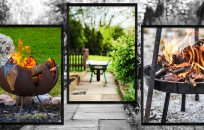 Bildsammlung befeuerte Feuerschalen und Schubkarre im Garten