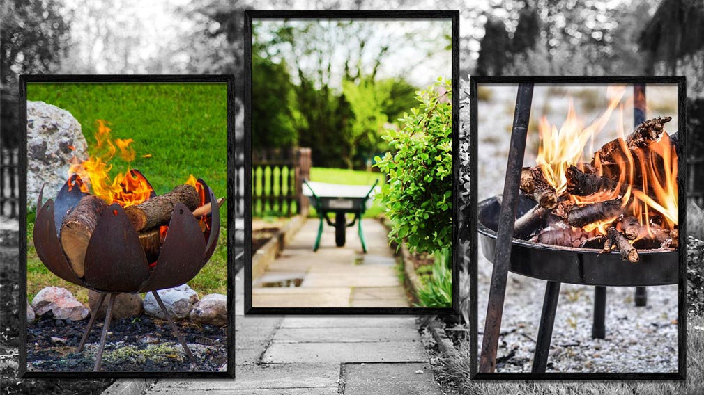 Bildsammlung befeuerte Feuerschalen und Schubkarre im Garten