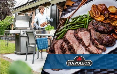 Ambiente Napoleon Rogue XT 425 mit Drehspieß und Serviervorschlag gegrillte Lammkeule