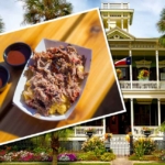 Südstaatenvilla mit einer, mit Pulled Pork bedruckten Postkarte