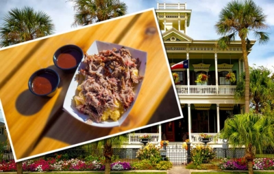 Südstaatenvilla mit einer, mit Pulled Pork bedruckten Postkarte