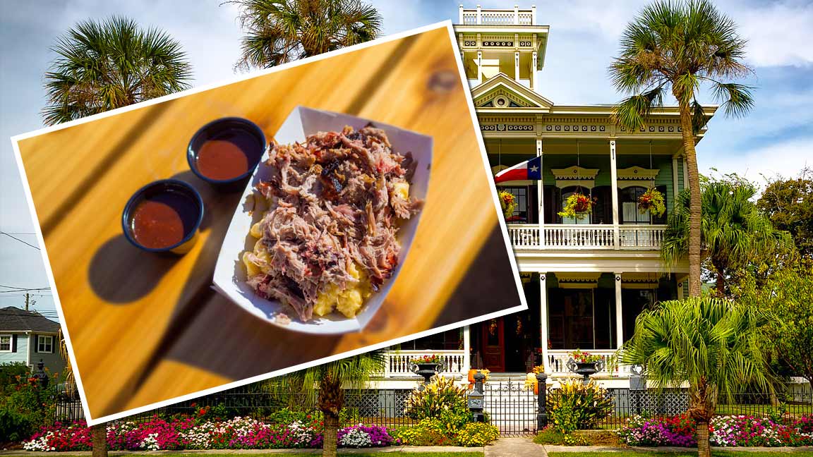 Südstaatenvilla mit einer, mit Pulled Pork bedruckten Postkarte