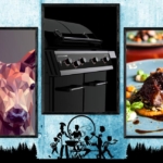 Collage mit 3 gerahmten Bildern von einem Rehbock, einem Outdoorchef Gasgrill und einem servierten Rehbraten