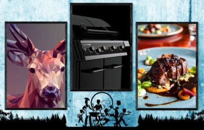 Collage mit 3 gerahmten Bildern von einem Rehbock, einem Outdoorchef Gasgrill und einem servierten Rehbraten