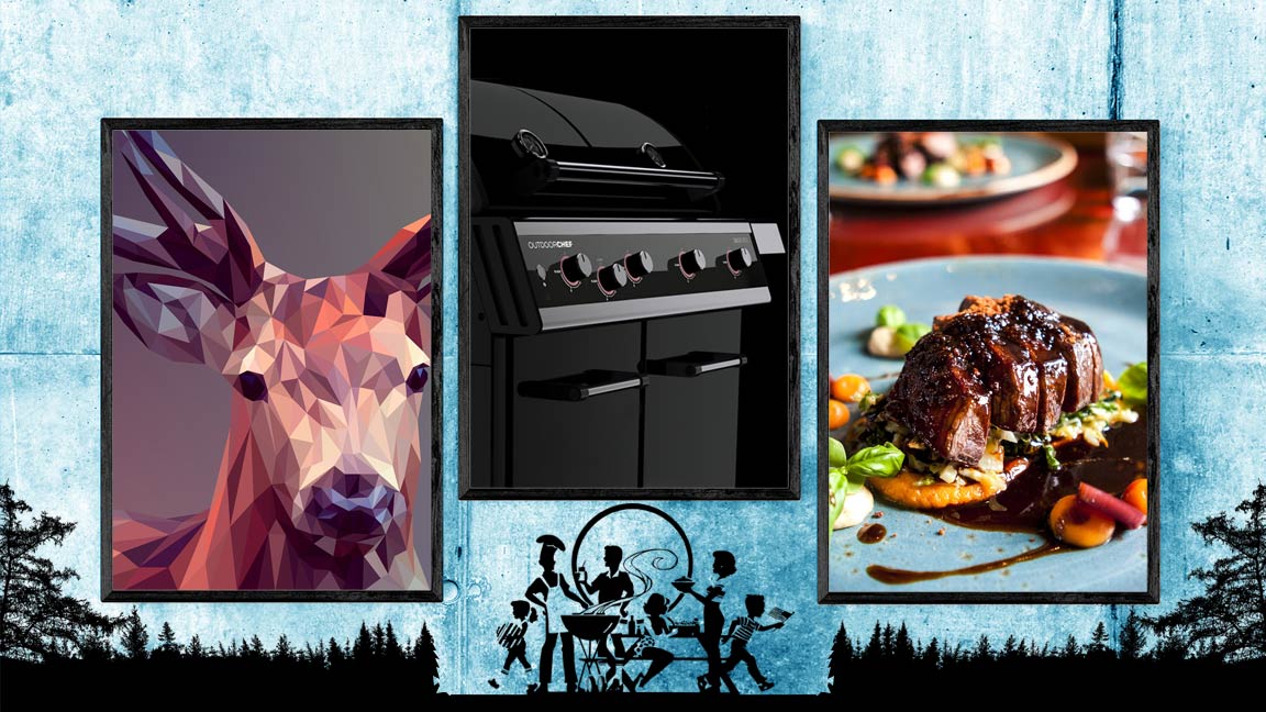 Collage mit 3 gerahmten Bildern von einem Rehbock, einem Outdoorchef Gasgrill und einem servierten Rehbraten