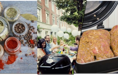 Bildfolge aus Gewürzen, einem Grillabend unter Freunden und dem gerubten Nackenbraten auf dem Grill