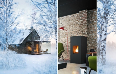 Haus im Winter und Nahaufbahme eines Pelletofens, angeschlossen an einem gemauerten Schornsteins