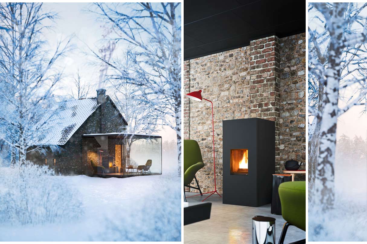 Haus im Winter und Nahaufbahme eines Pelletofens, angeschlossen an einem gemauerten Schornsteins