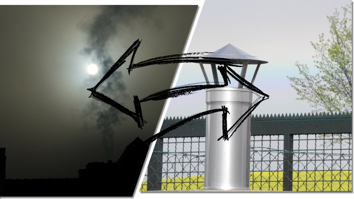 Alter verqualmter Schornstein und neuer Edelstahlschornstein