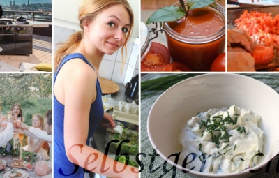 Collage aus Ambientebildern einer Grillparty, Küchenarbeit und den fertigen Dips