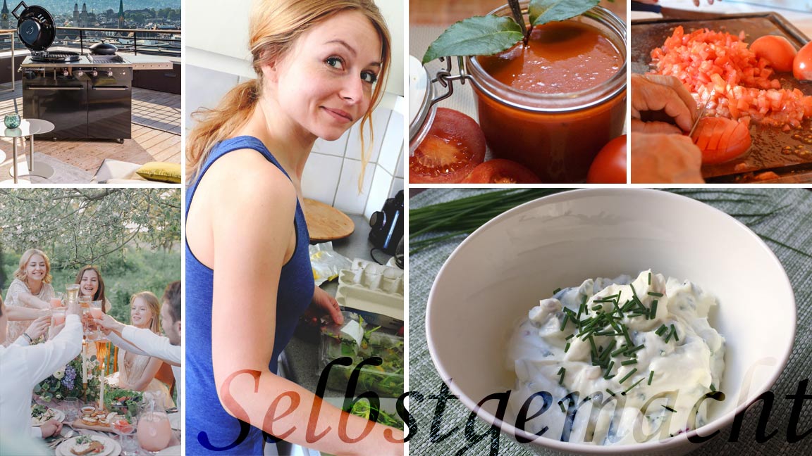 Collage aus Ambientebildern einer Grillparty, Küchenarbeit und den fertigen Dips