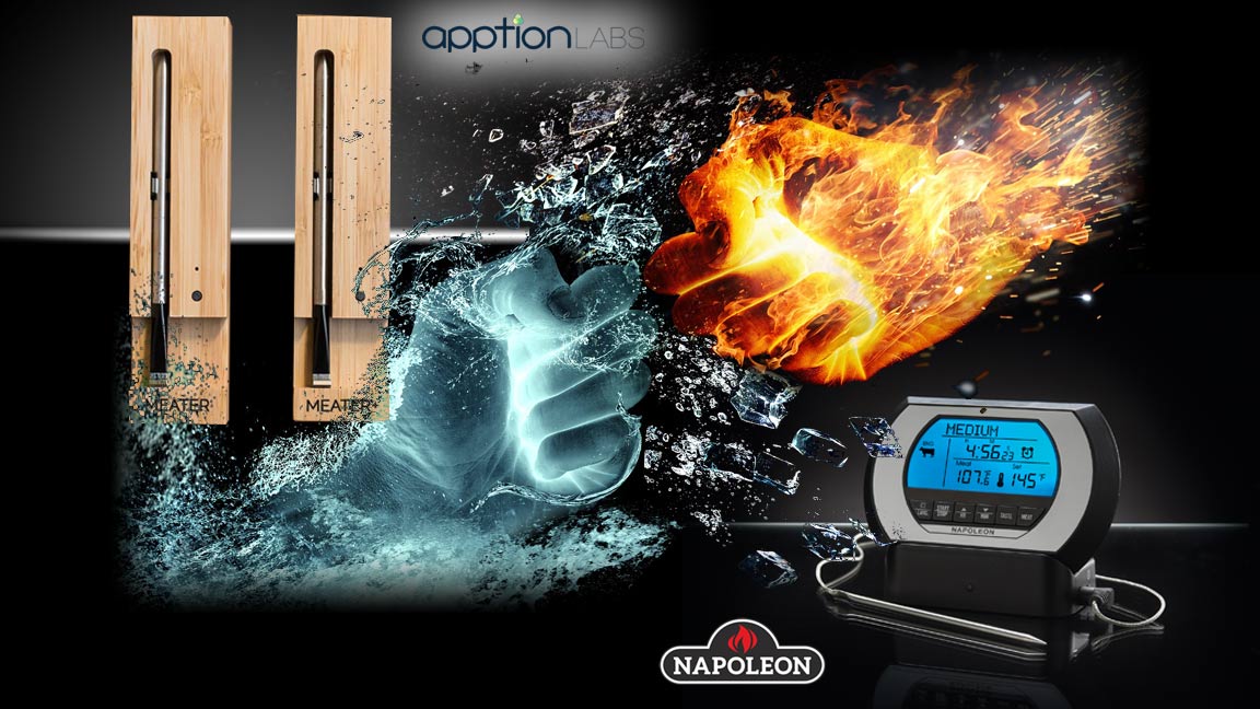 Bild mit 2 Fäusten aus Wasser und Feuer, kombiniert mit dem Meater und dem Napoleon Thermometer