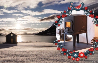 Ambientebild Polarnacht mit Tinyhaus und eingeblendeten Kaminofen Orion von Nordpeis