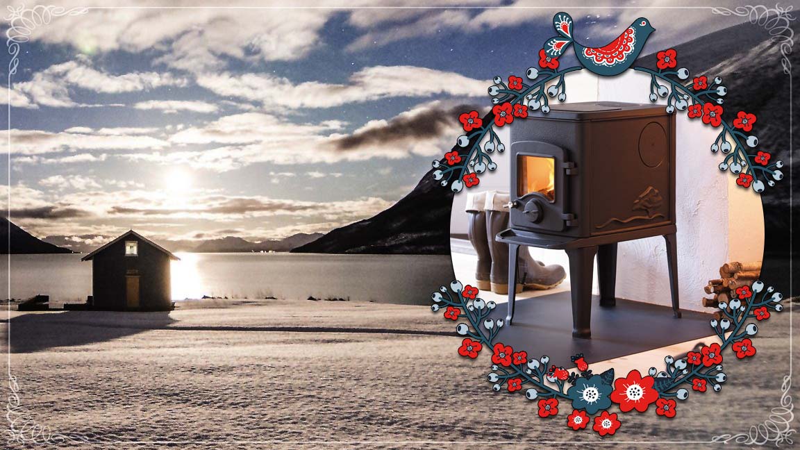 Ambientebild Polarnacht mit Tinyhaus und eingeblendeten Kaminofen Orion von Nordpeis