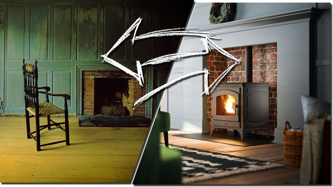alter offener Kaminofen wird zu restaurierten offenen Kamin mit Pelletofeneinsatz