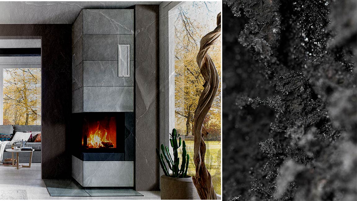 Bildcollage mit einem versteinerten Ambientebild eines Kaminofens und einer Nahaufnahme von Glanzruß