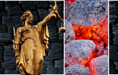 Collage aus Justizia, glühenden Briketts und schwarzer Holzkohle