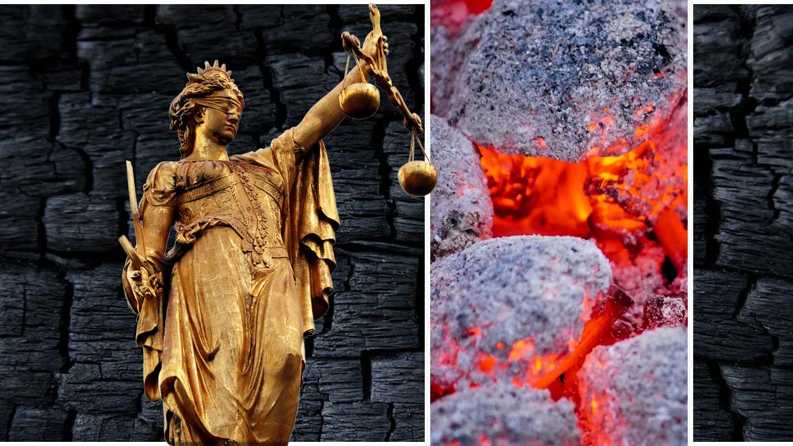 Collage aus Justizia, glühenden Briketts und schwarzer Holzkohle