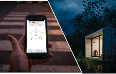 Collage mit einer männlichen Hand welche die MCZ Maestro App bedient und einem MCZ angefeuerten Pelletofen in einem Haus am See