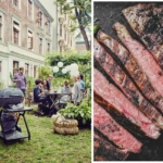 Collage Grillparty im Hinterhof und perfektes Steak