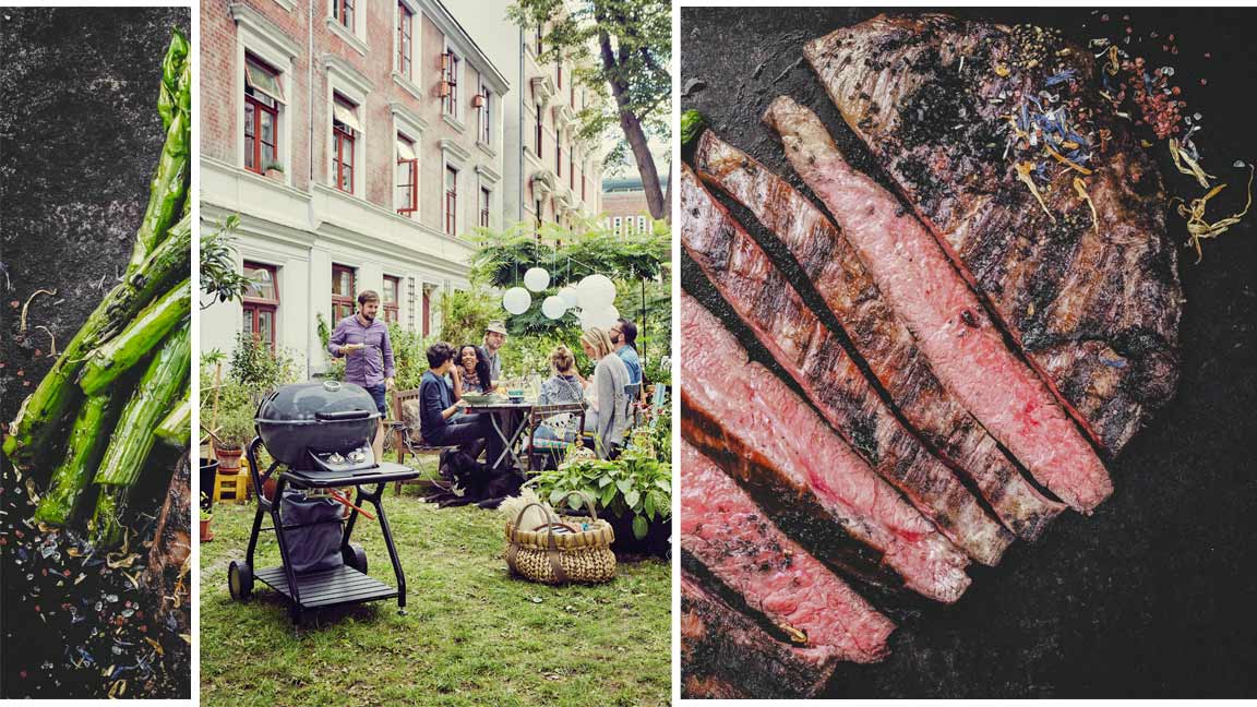 Collage Grillparty im Hinterhof und perfektes Steak
