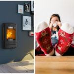 Bildkomposition mit einem hängenden Wandkamin und bestrumpfte Füße auf dem Tisch