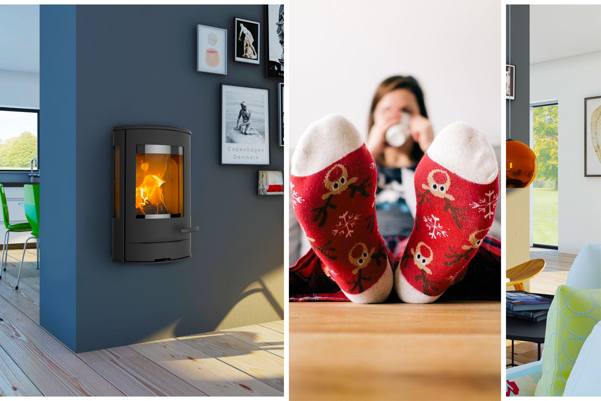 Bildkomposition mit einem hängenden Wandkamin und bestrumpfte Füße auf dem Tisch