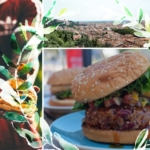 Collage mit einem Fußballfan der Cheeseburger hält, einem Panorama der Stadt Verona und einen sauber belegten mediterranen Cheeseburger