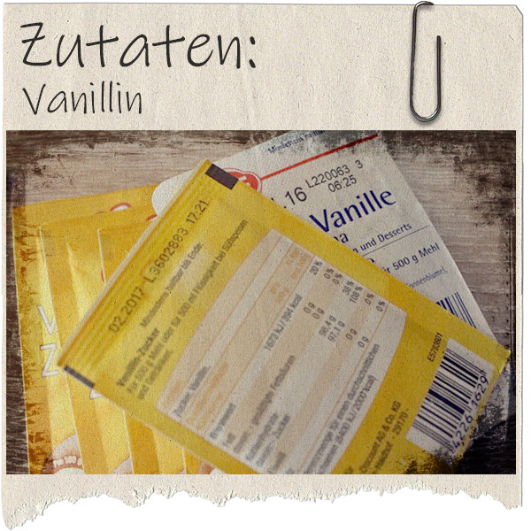 rausgerissenes Blatt Papier mit Foto einer rückseitigen Vanillinverpackung 