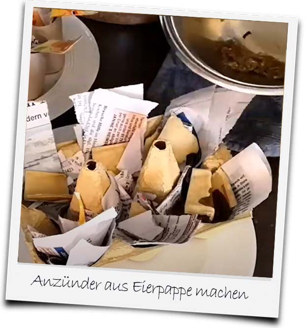 Bild eines selbstgemachten Anzünders aus Eierpappe