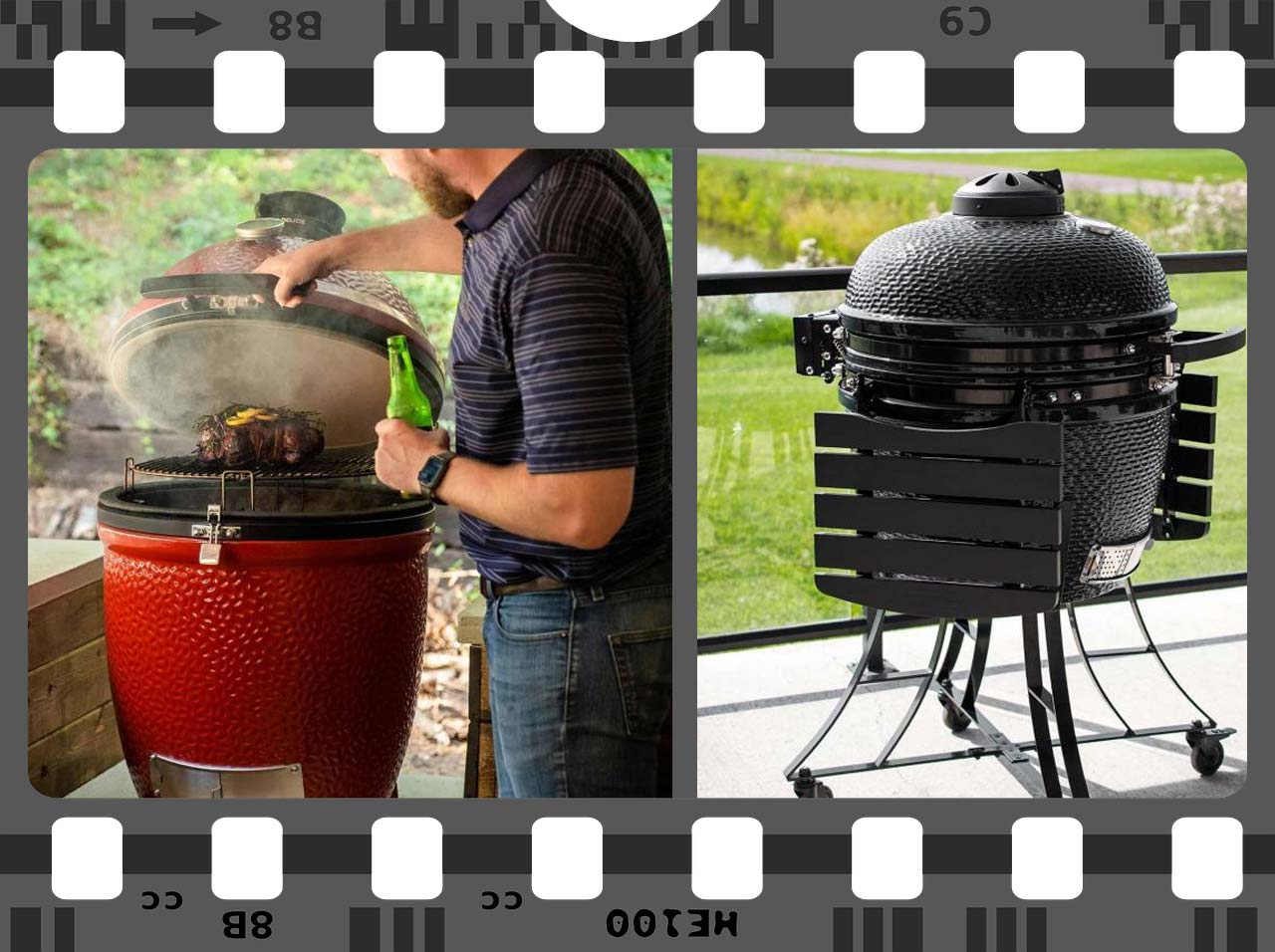 Bild zeigt Braten auf dem Keramikgrill und ein weiteres Modell eines Keramikgrills