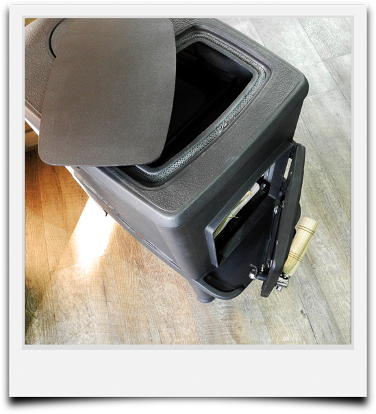 Polaroidbild vom Kaminofen Orion von Nordpeis in der Draufsicht